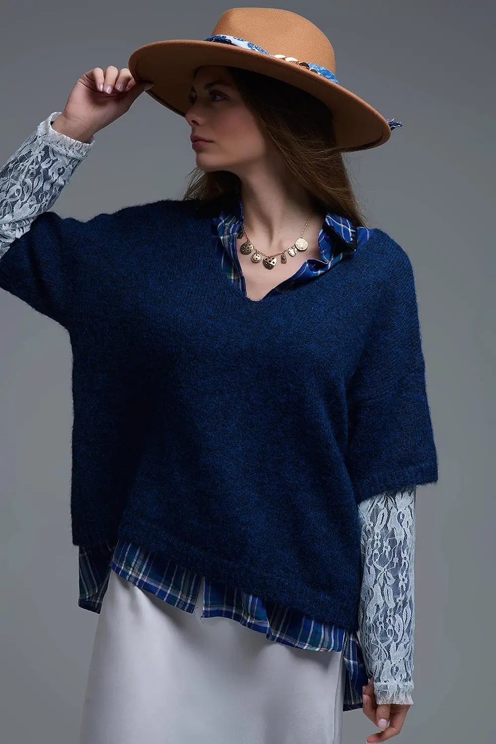 Navy Contrast V-Neck Sweater with Contrasting White lace Sleeves - One Size / Blue - Sweaters