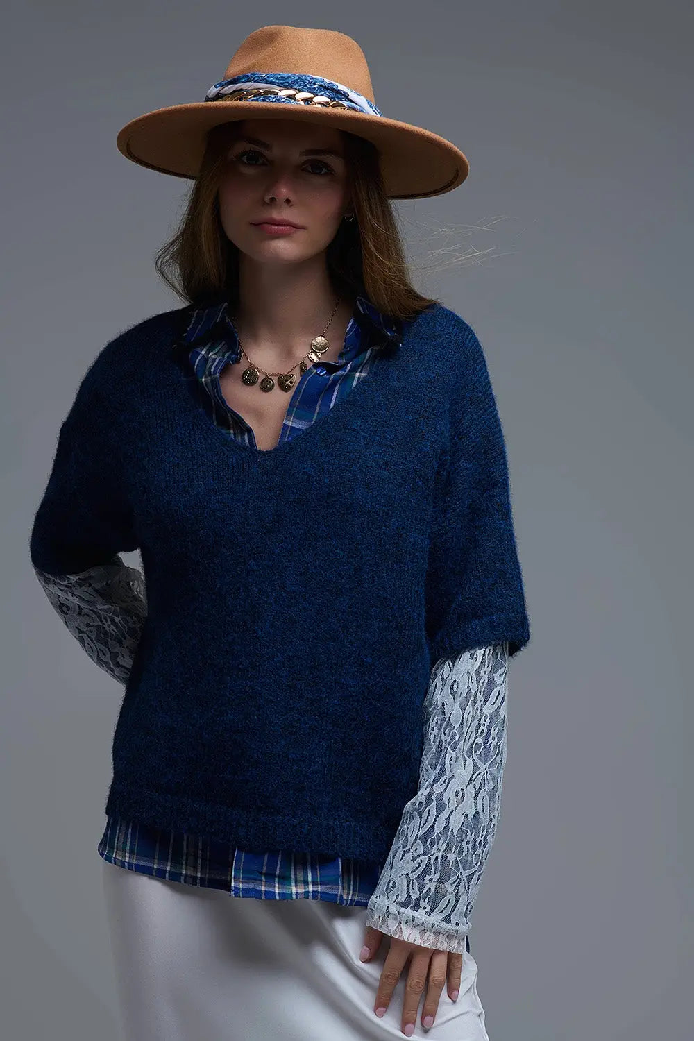 Navy Contrast V-Neck Sweater with Contrasting White lace Sleeves - One Size / Blue - Sweaters