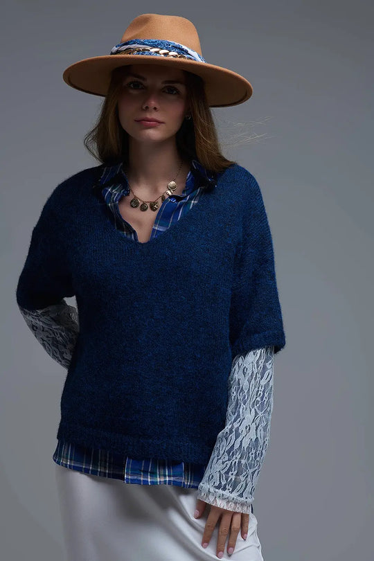 Navy Contrast V-Neck Sweater with Contrasting White lace Sleeves - One Size / Blue - Sweaters