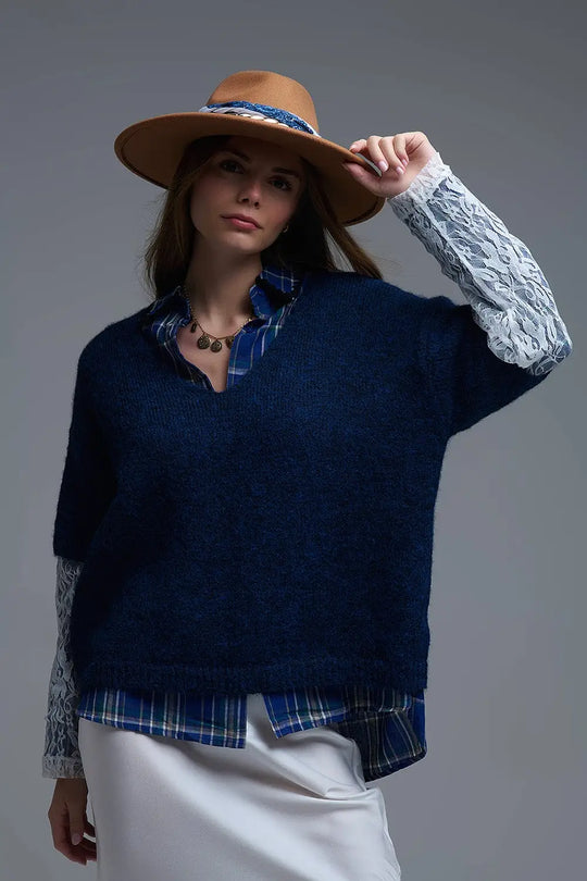 Navy Contrast V-Neck Sweater with Contrasting White lace Sleeves - One Size / Blue - Sweaters