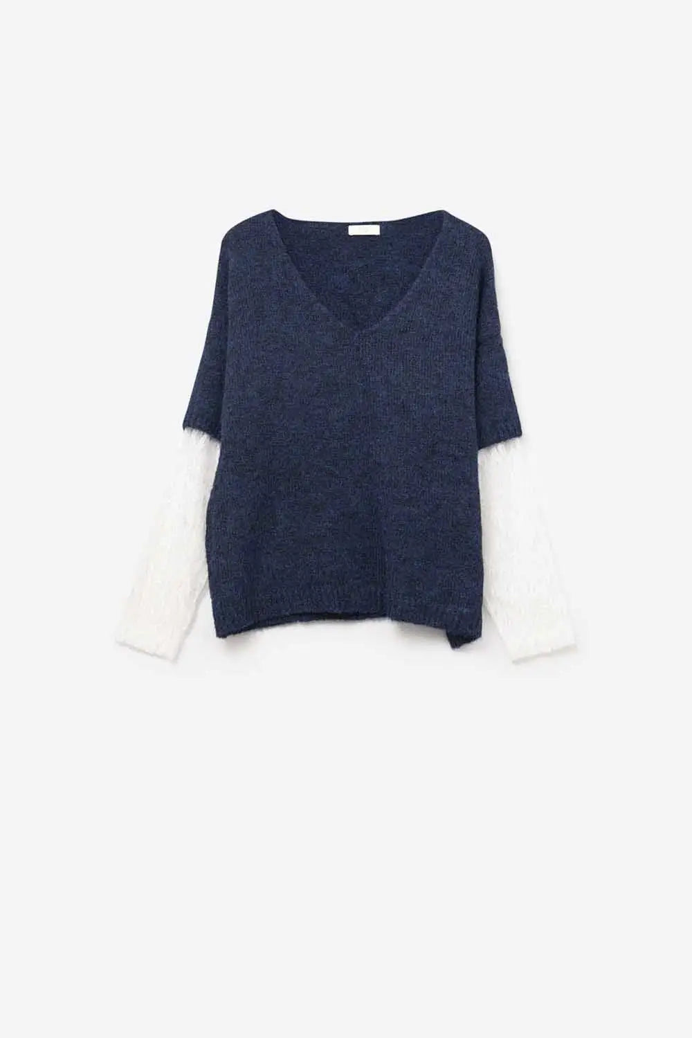 Navy Contrast V-Neck Sweater with Contrasting White lace Sleeves - One Size / Blue - Sweaters