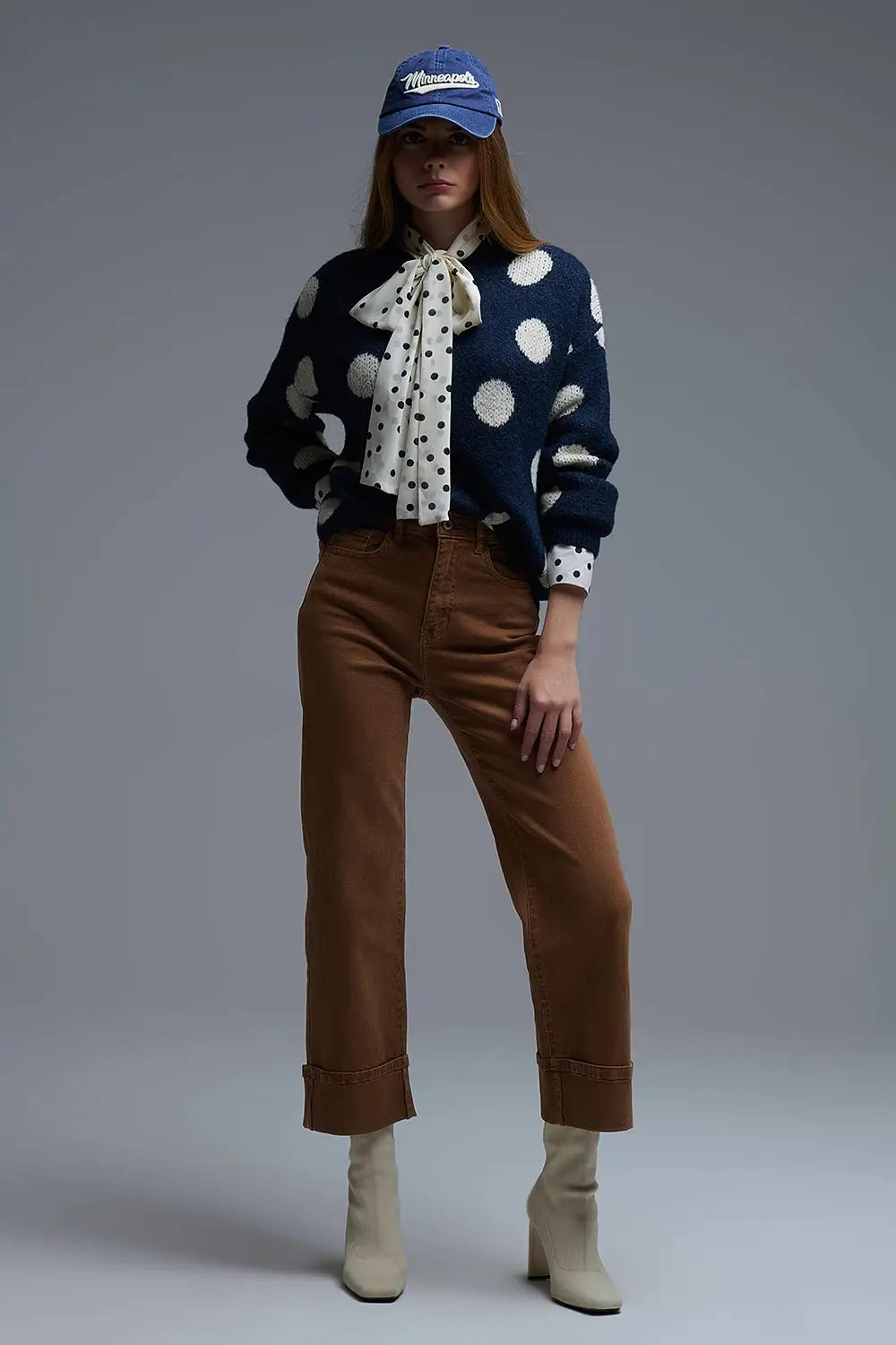 Navy Crew Neck Sweater with cream Polka Dot - One Size / Blue - Sweaters
