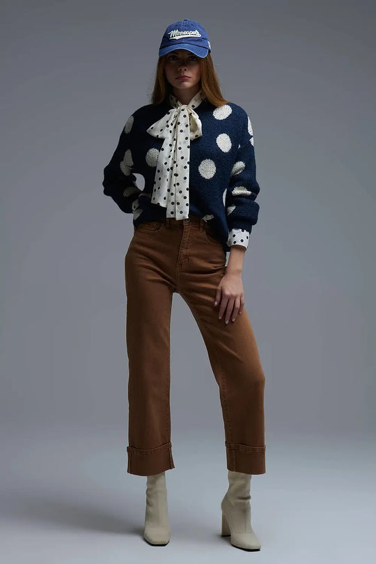 Navy Crew Neck Sweater with cream Polka Dot - One Size / Blue - Sweaters