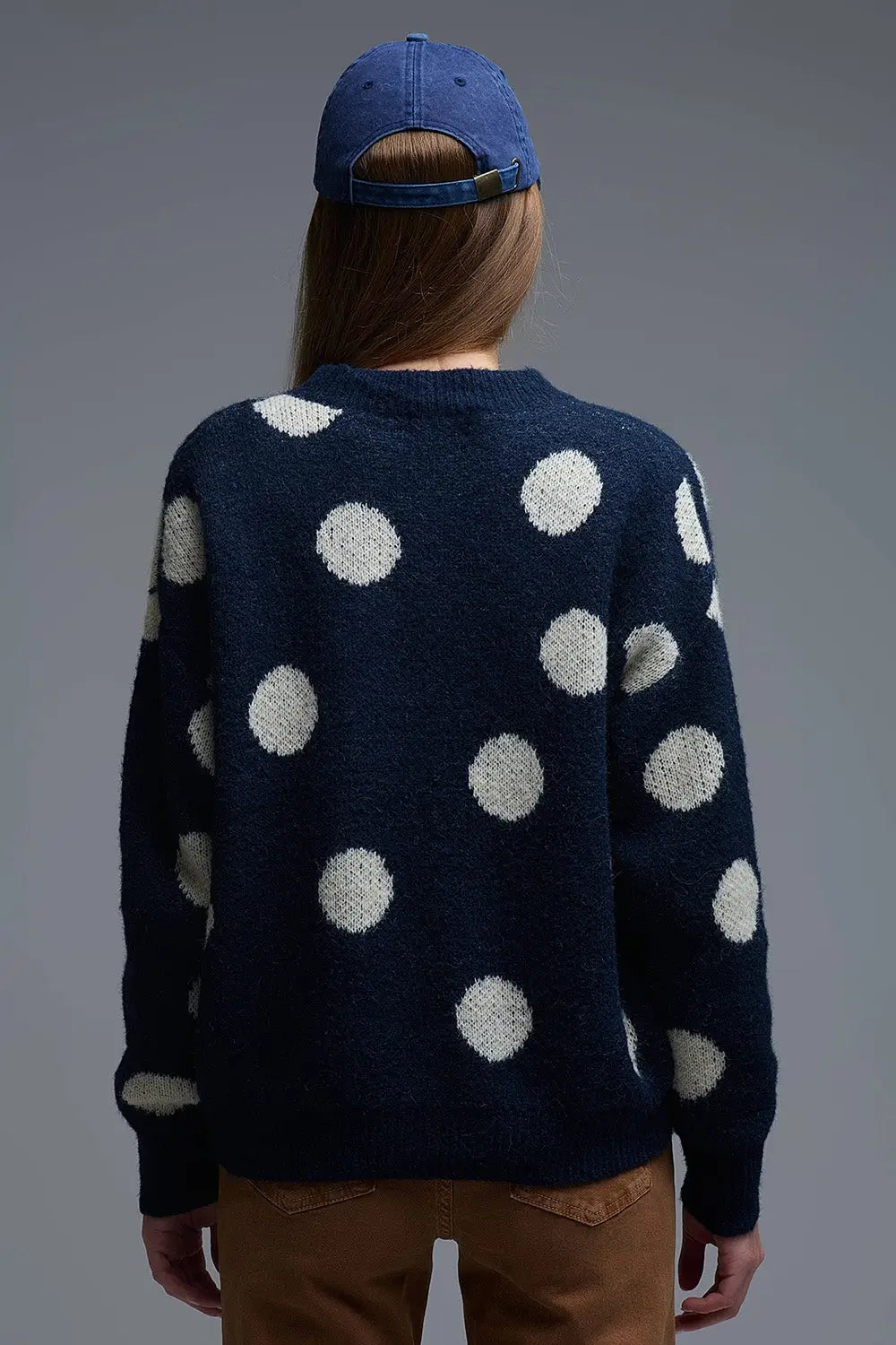 Navy Crew Neck Sweater with cream Polka Dot - One Size / Blue - Sweaters