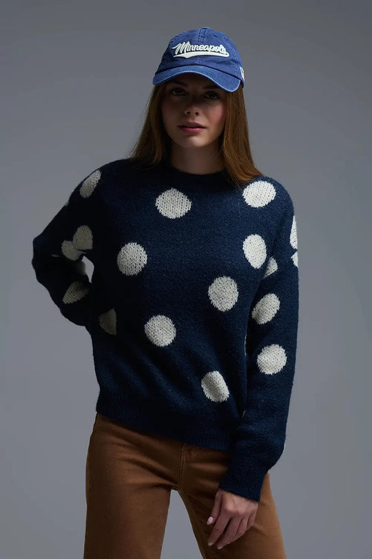 Navy Crew Neck Sweater with cream Polka Dot - One Size / Blue - Sweaters