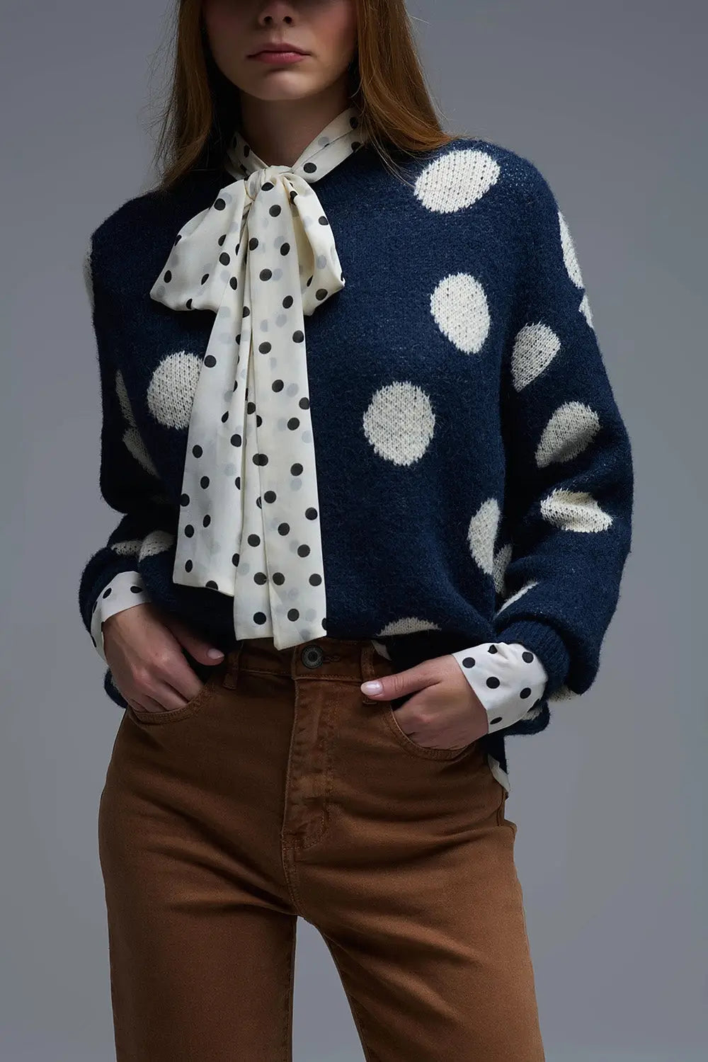 Navy Crew Neck Sweater with cream Polka Dot - One Size / Blue - Sweaters