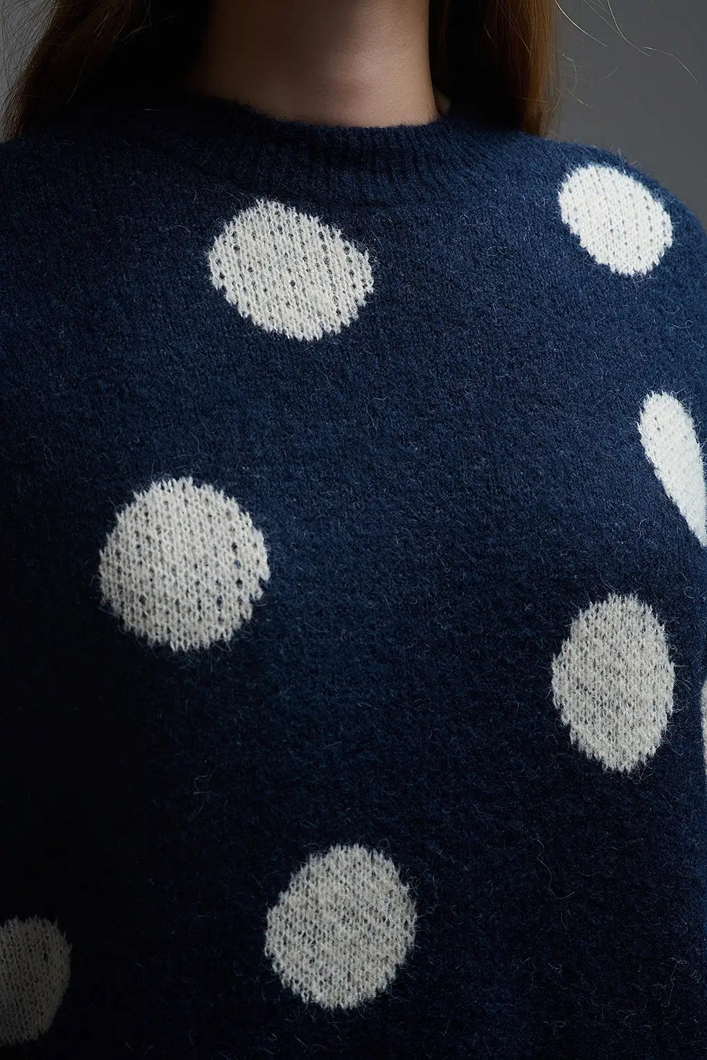 Navy Crew Neck Sweater with cream Polka Dot - One Size / Blue - Sweaters