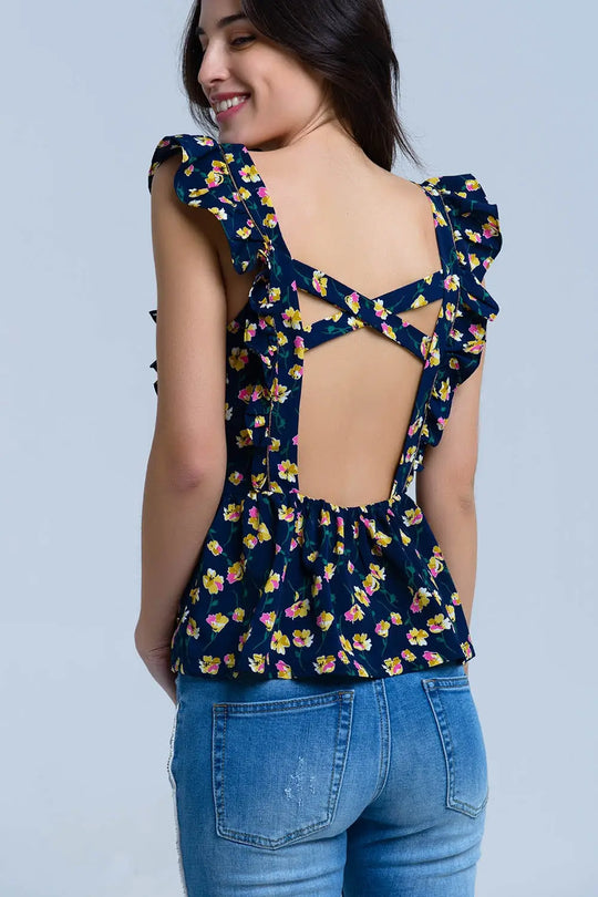 Navy crossed back shirt with ruffles - Shirts