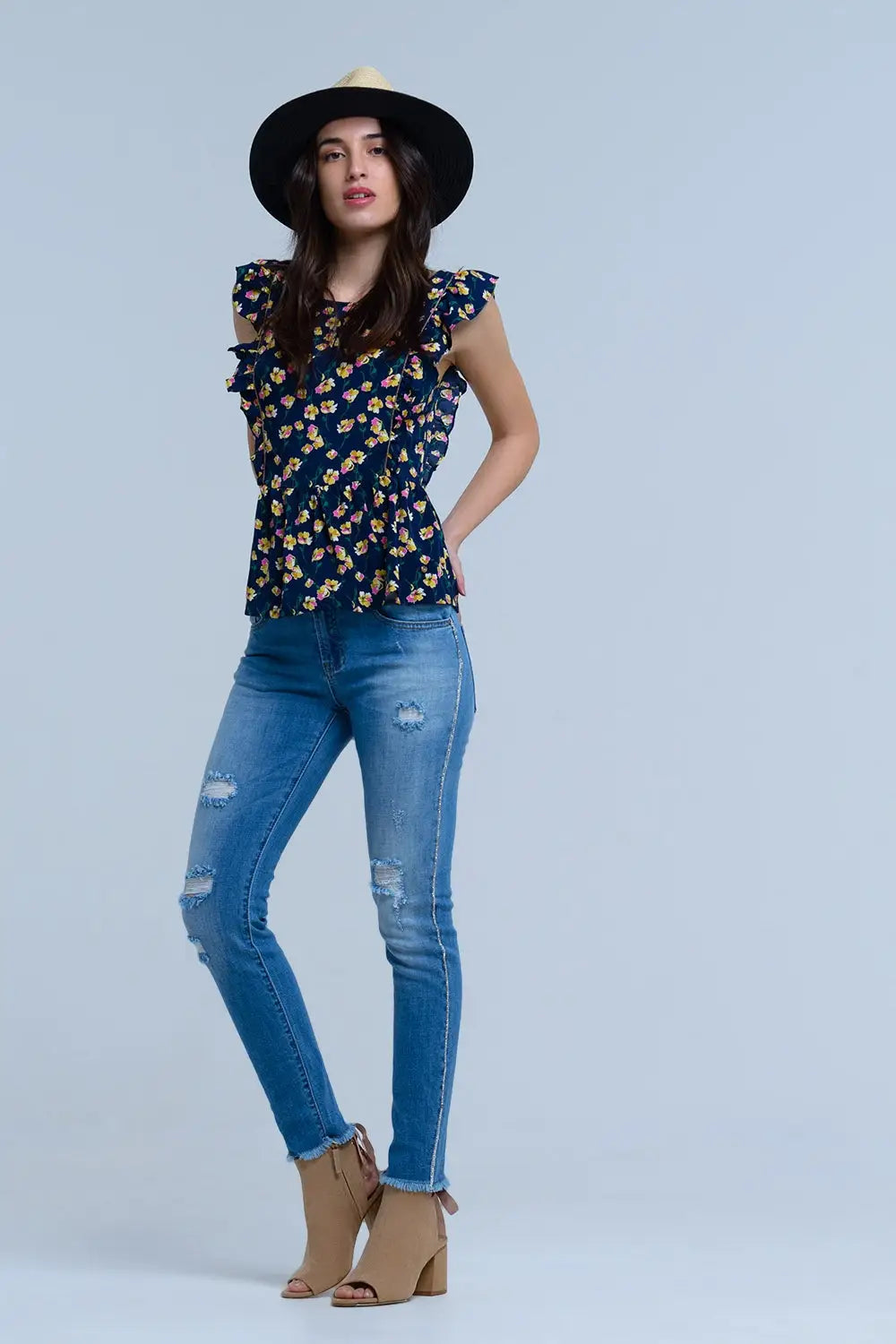 Navy crossed back shirt with ruffles - Shirts