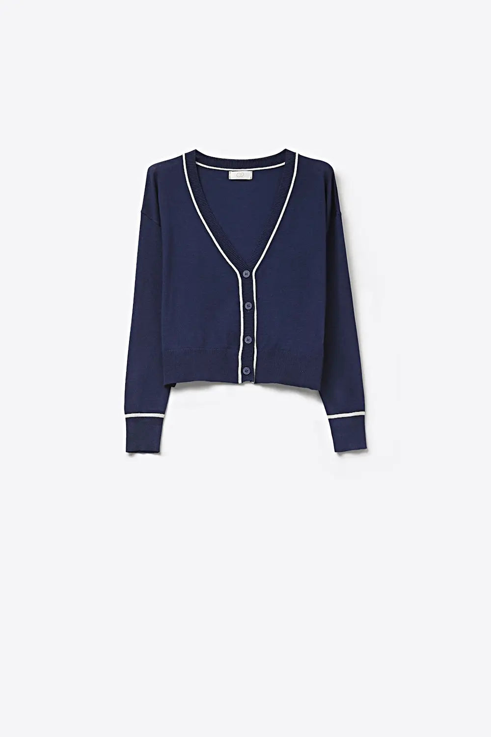 Q2 Navy Fine Knit Cardigan with Contrast Trim in white