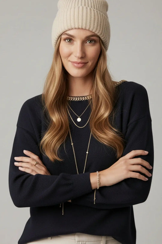 navy fine knit sweater with a boat neck and rhinestone detail - One Size / Blue