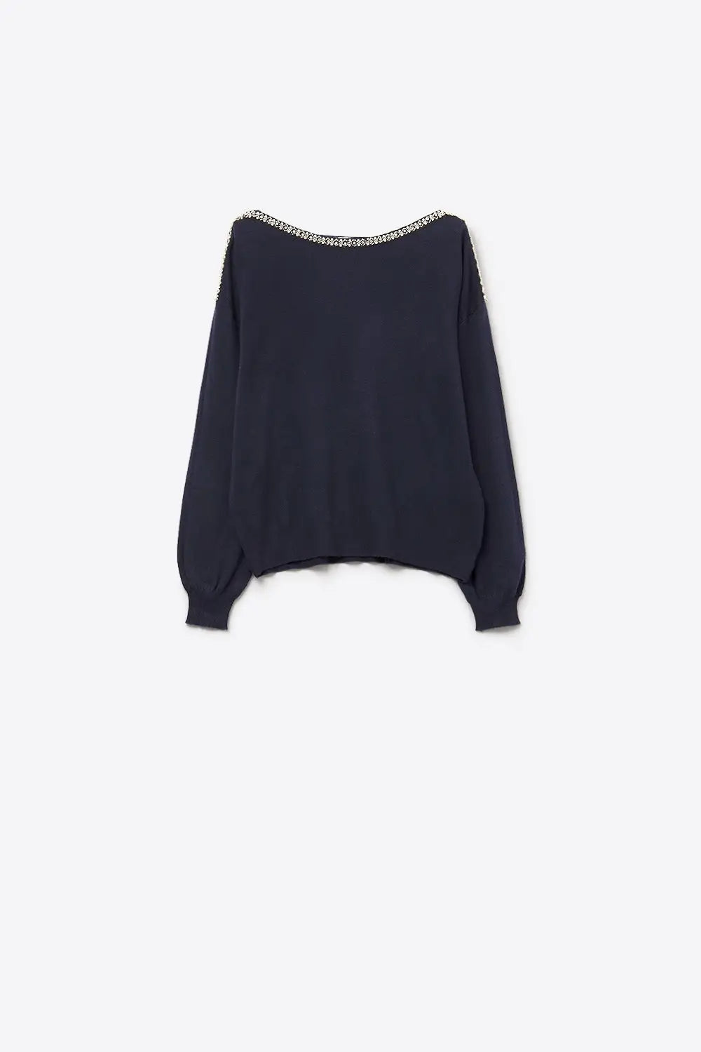 Q2 navy fine knit sweater with a boat neck and rhinestone detail