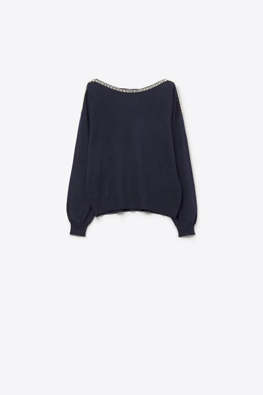 Q2 navy fine knit sweater with a boat neck and rhinestone detail