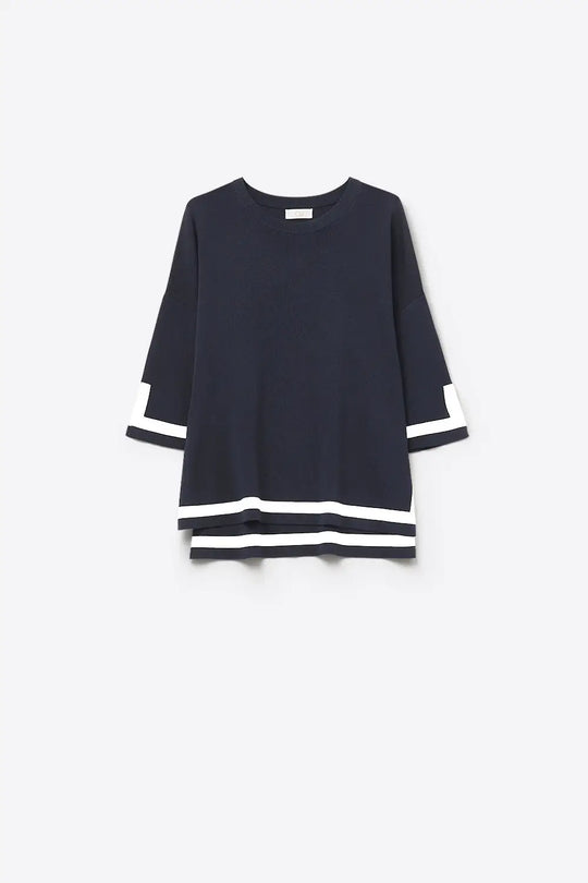 Q2 Navy Fine Knit Top with Contrast Stripe in white Detail and 3/4 Sleeves