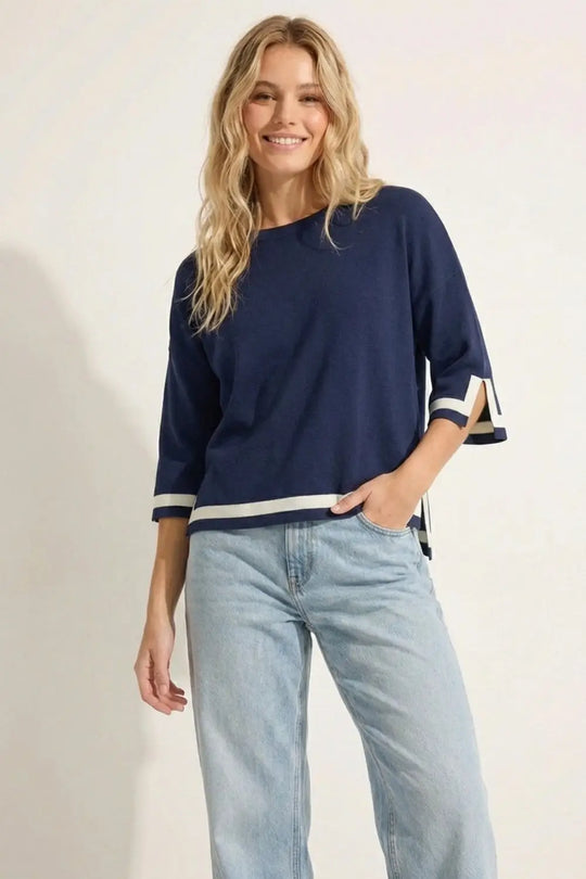 Navy Fine Knit Top with Contrast Stripe in white Detail and 3/4 Sleeves - One Size / Blue