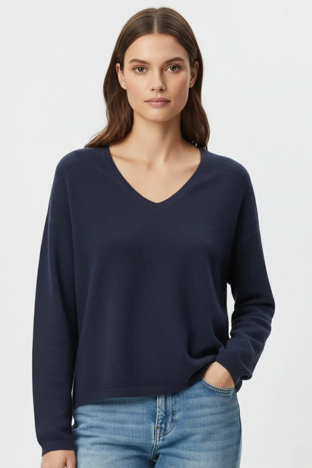 Navy Fine Knit V-Neck Sweater with Subtle Linear Texture - One Size / Blue