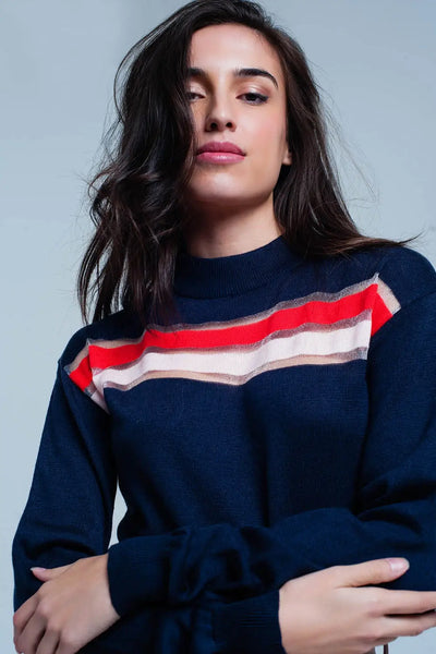 Navy Fine Knitted Sweater with Transparent Stripe - Sweaters