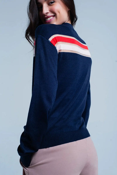 Navy Fine Knitted Sweater with Transparent Stripe - Sweaters