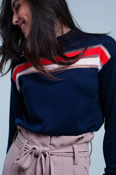 Navy Fine Knitted Sweater with Transparent Stripe - Sweaters