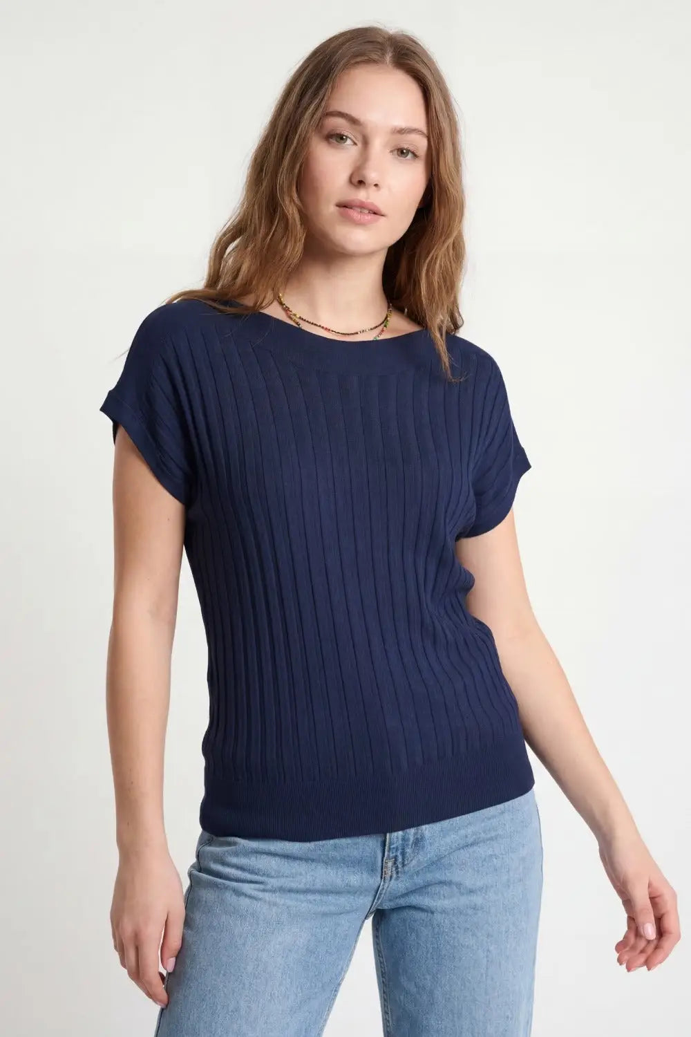 Navy fine Rib knitted Sweater with boat neck - One Size / Blue - Sweaters