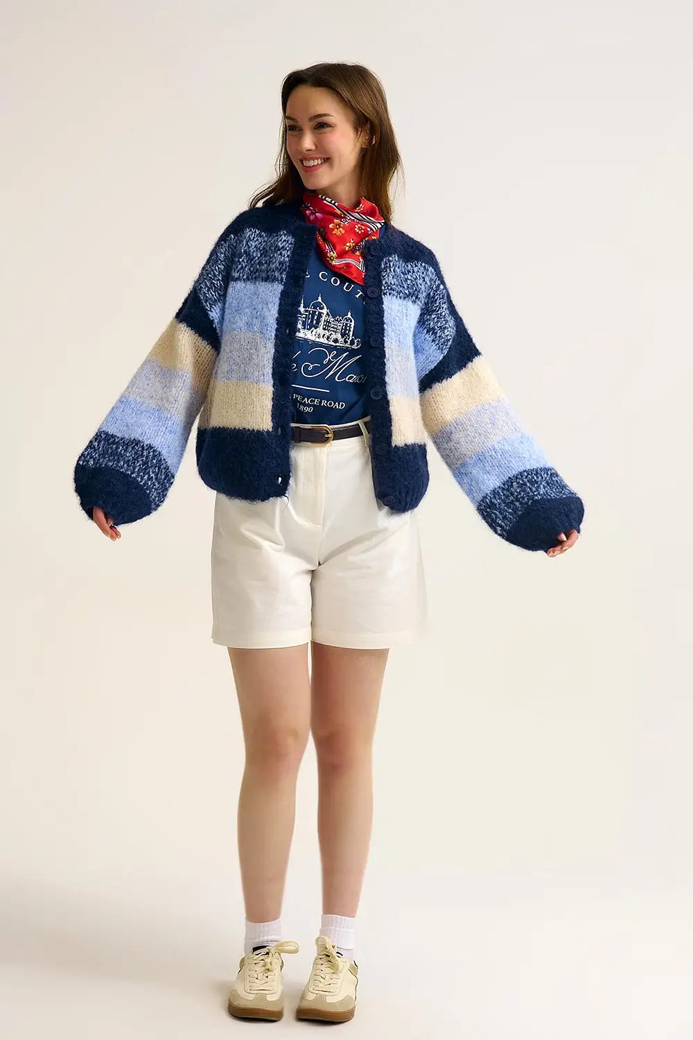 Navy Gradient Chunky Knit Cardigan with Soft Texture and Button Front - One Size / Blue - Sweaters