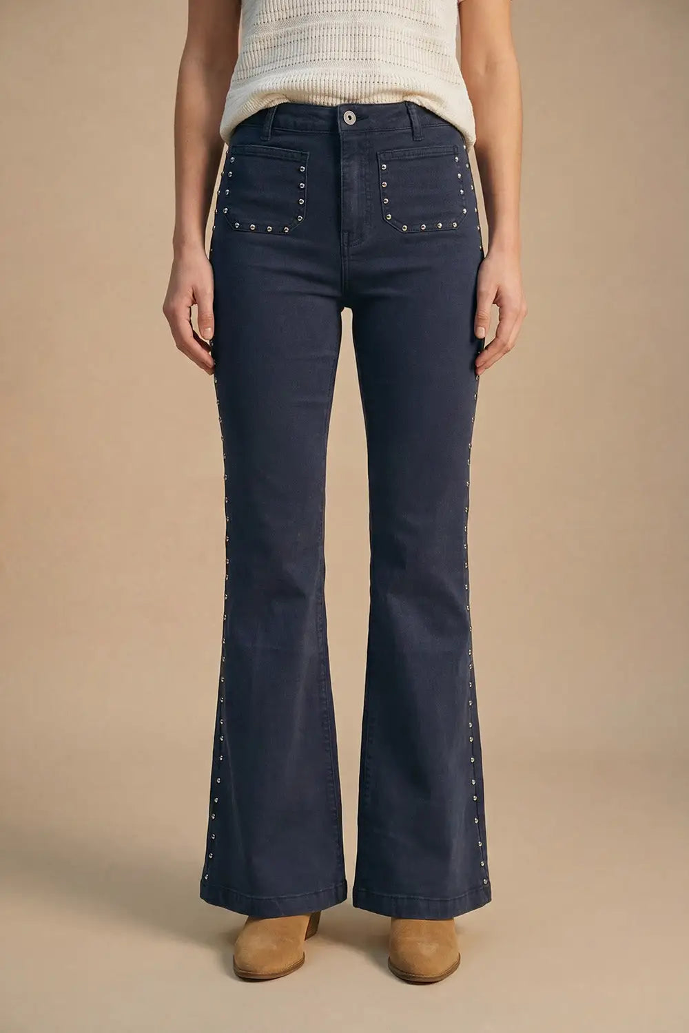 Q2 Navy High-Rise Flared Jeans with Stud Detail