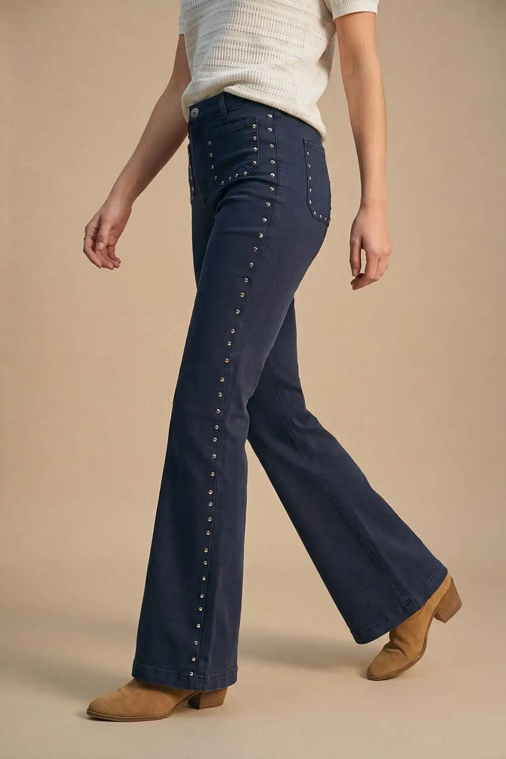 Navy High-Rise Flared Jeans with Stud Detail - Jeans