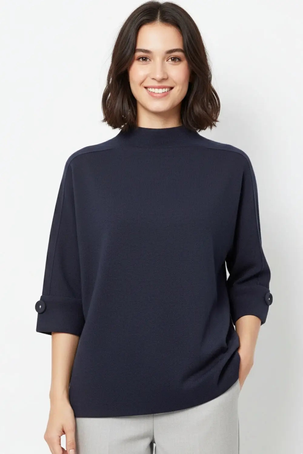 Navy Knitted Sweater with Button Details - One Size / Blue