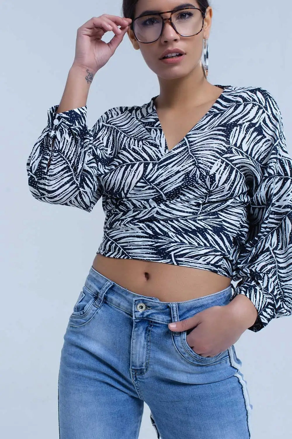 Navy leaf print blouse with plunge neck - Shirts