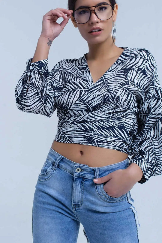 Navy leaf print blouse with plunge neck - Shirts