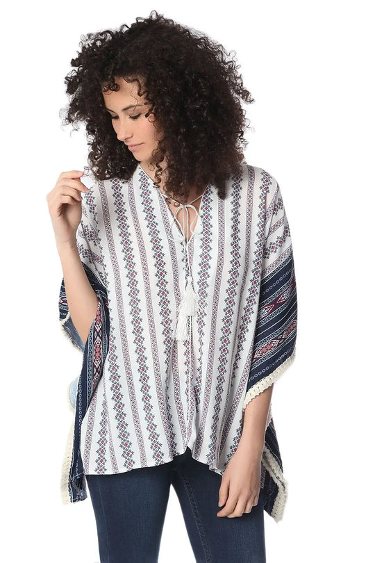 Navy oversized poncho top in tribe print - One Size / Blue - Coats and Jackets