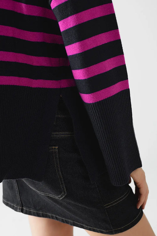 Navy oversized trutleneck sweater with fuchsia stripes and splits on the side - One Size / Blue - Sweaters