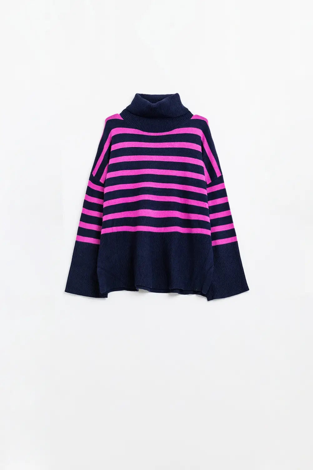 Navy oversized trutleneck sweater with fuchsia stripes and splits on the side - One Size / Blue - Sweaters