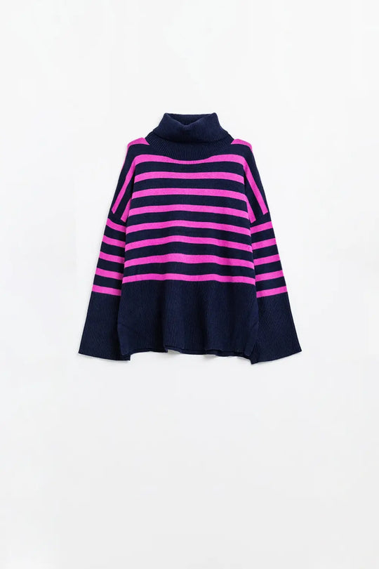 Navy oversized trutleneck sweater with fuchsia stripes and splits on the side - One Size / Blue - Sweaters