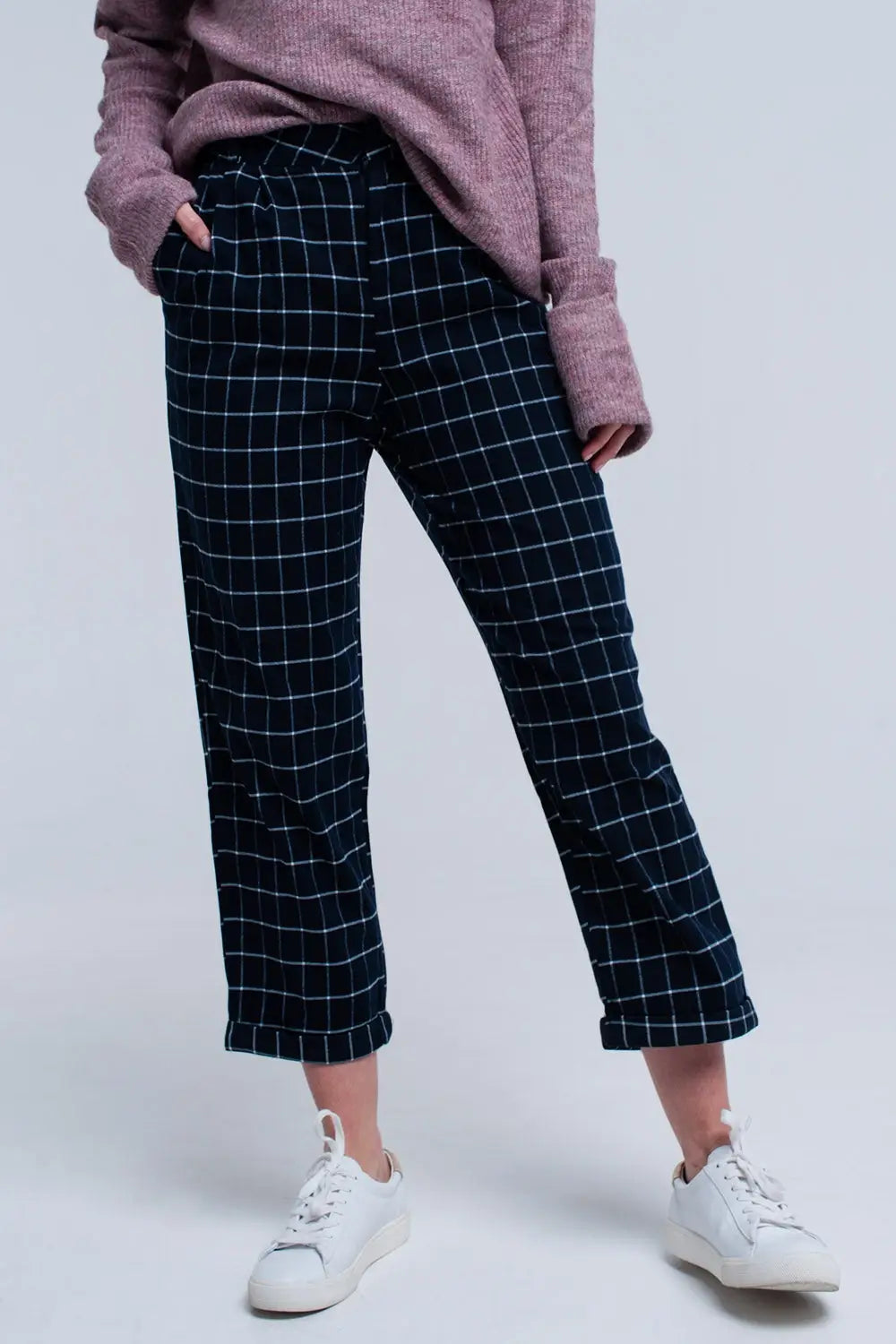 Navy Pants in White Tartan Print - Pants
