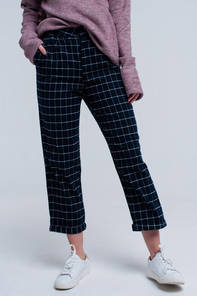 Navy Pants in White Tartan Print