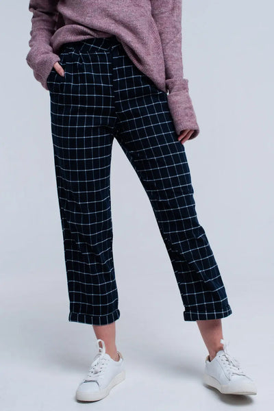 Navy Pants in White Tartan Print - Pants
