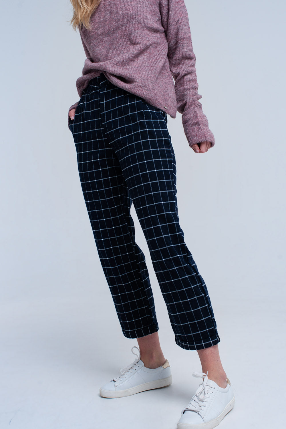 Q2 Navy Pants in White Tartan Print