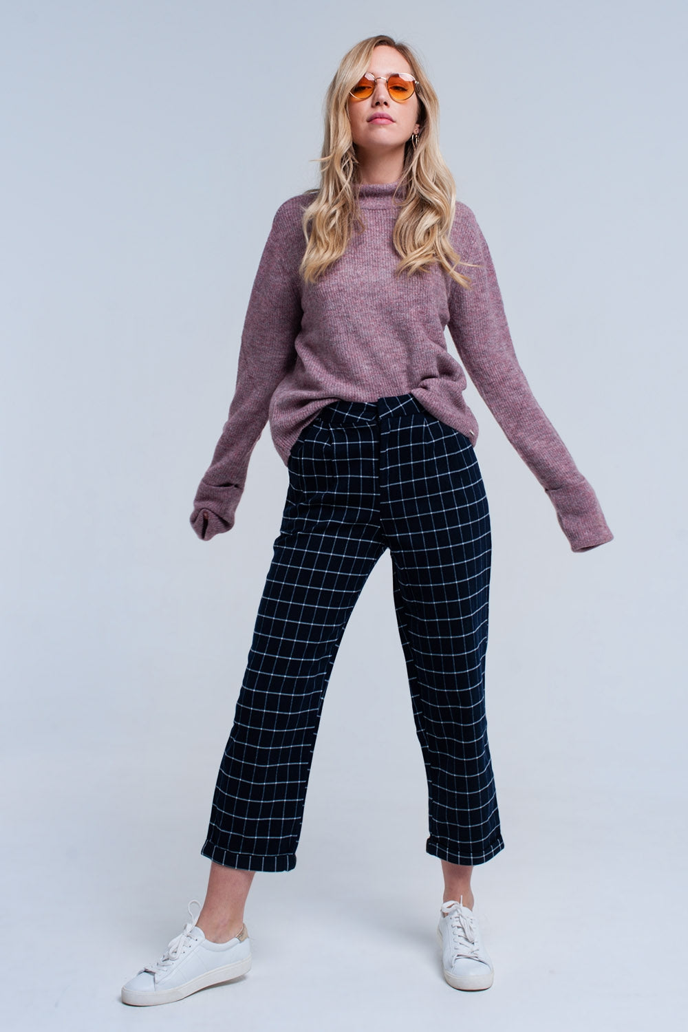 Navy Pants in White Tartan Print