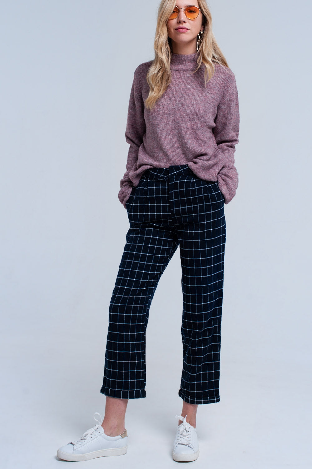 Navy Pants in White Tartan Print