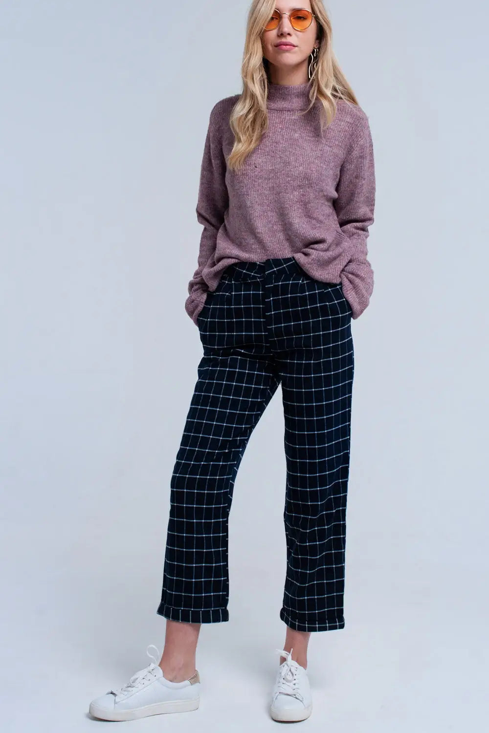 Navy Pants in White Tartan Print - Pants