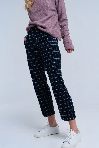 Q2 Navy Pants in White Tartan Print
