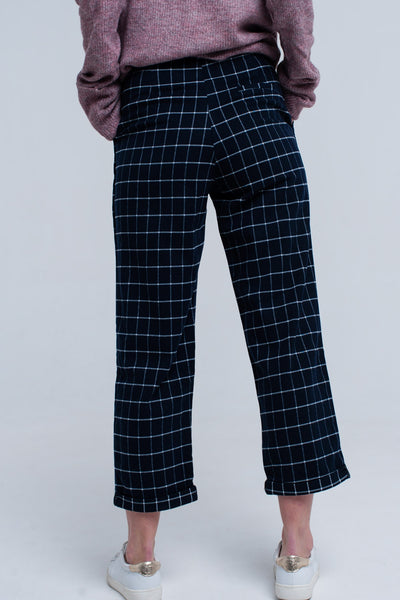 Navy Pants in White Tartan Print