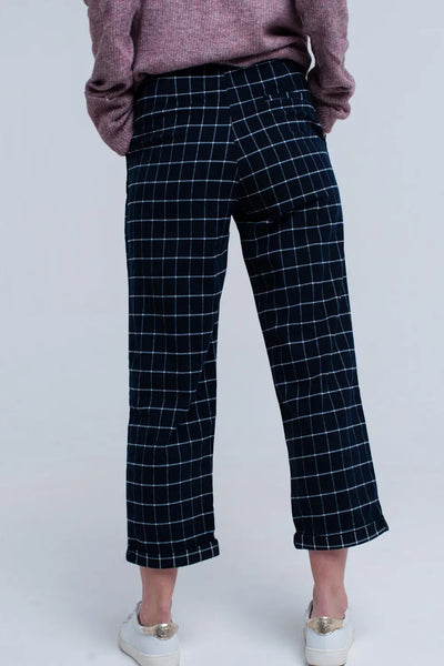 Navy Pants in White Tartan Print - Pants