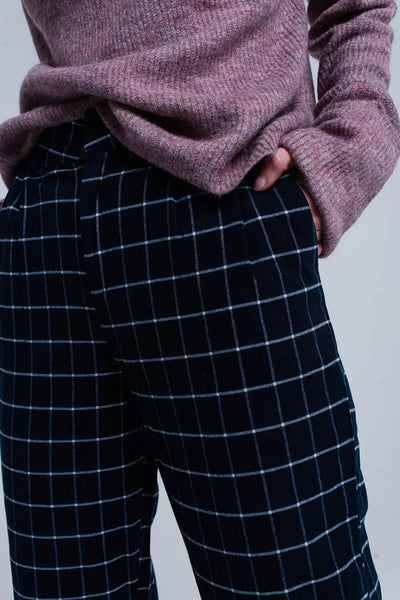 Navy Pants in White Tartan Print - Pants
