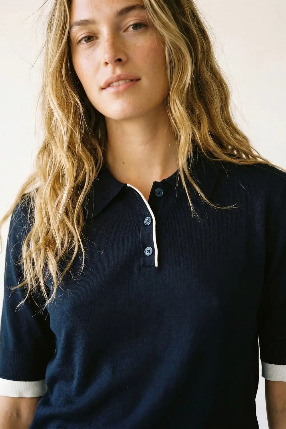 Navy Polo Shirt with White Trim and Button Detail - One Size / Blue