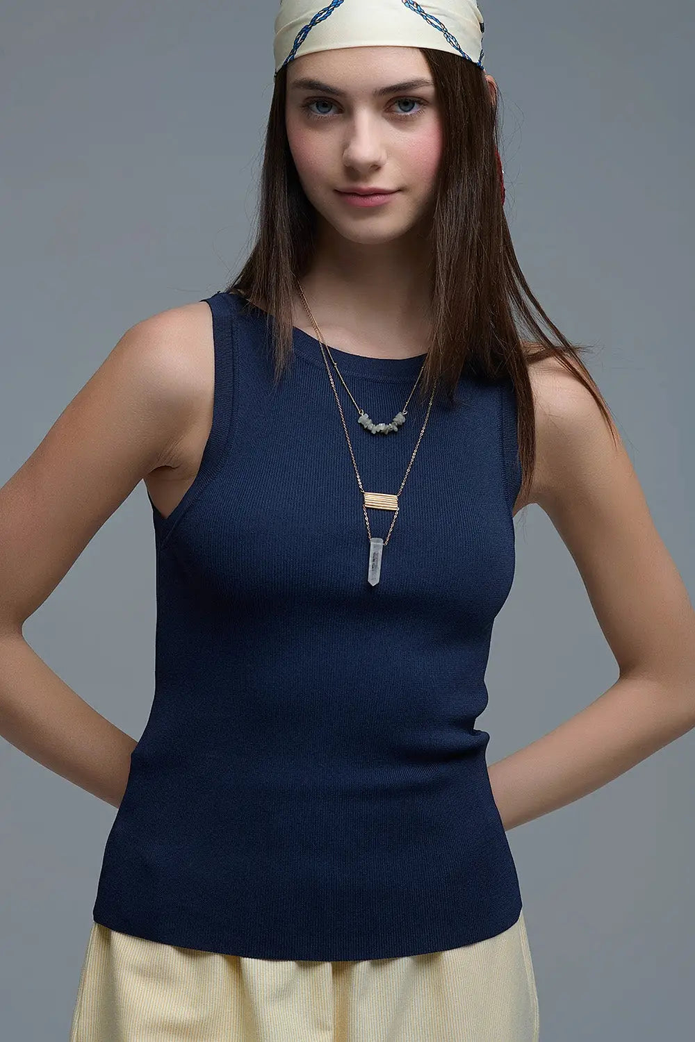 Navy Ribbed fine knit Sleeveless Top - One Size / Blue - Tops