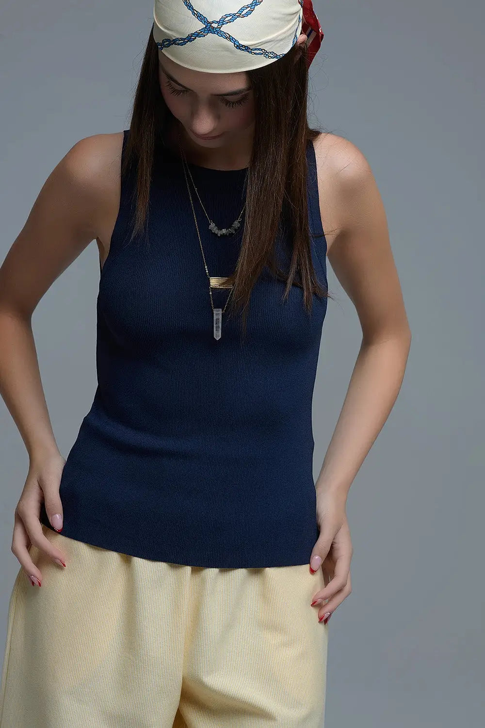 Navy Ribbed fine knit Sleeveless Top - One Size / Blue - Tops