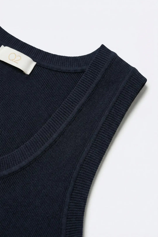 Navy Ribbed Knit Sleeveless Tank Top - One Size / Blue