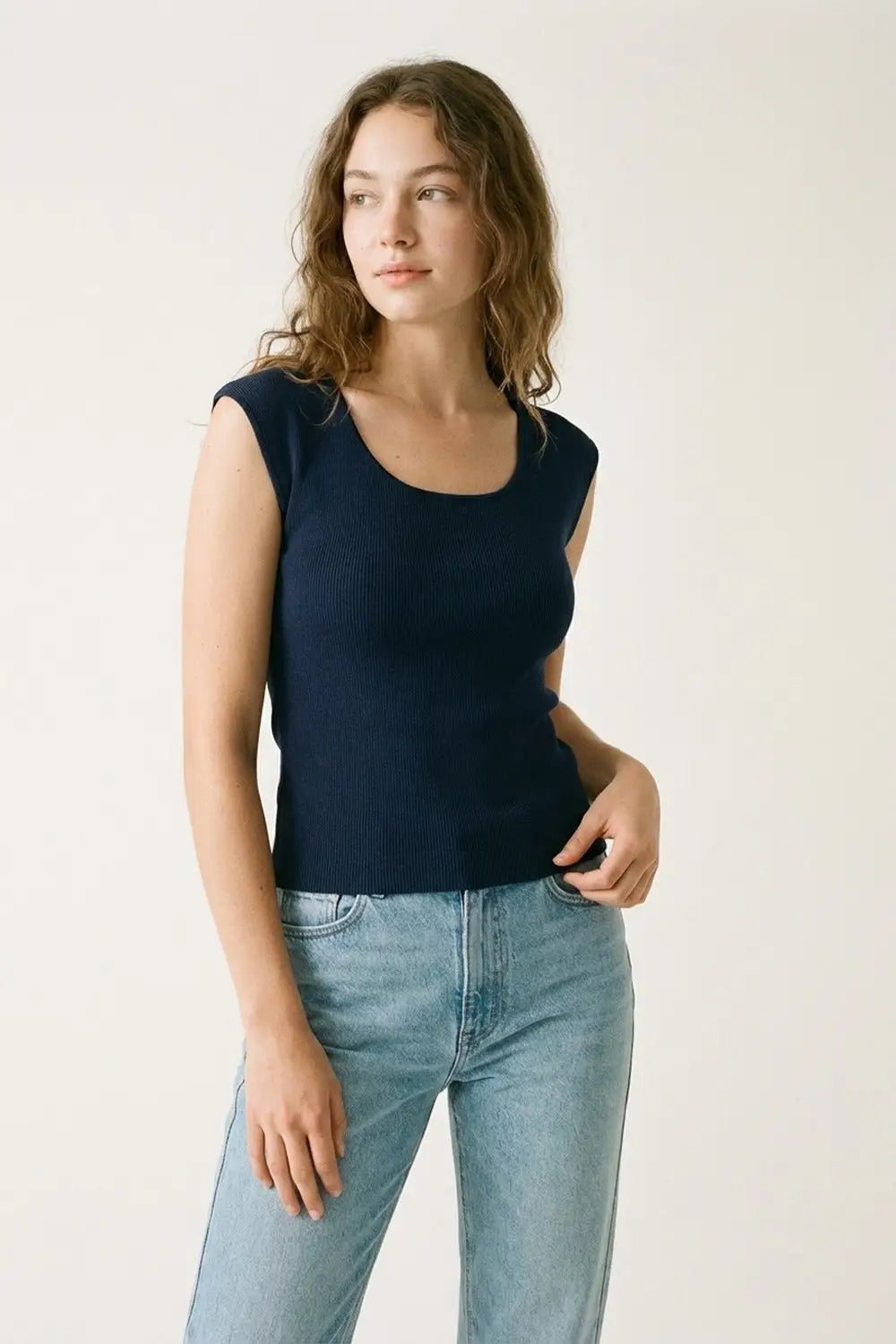 Navy Ribbed Sleeveless Knit Top for Layering - One Size / Blue